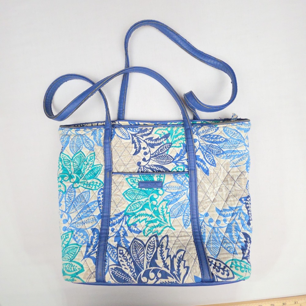 Vera Bradley Quilted Tote Bag Women Blue Floral Multi Cotton Faux Leather